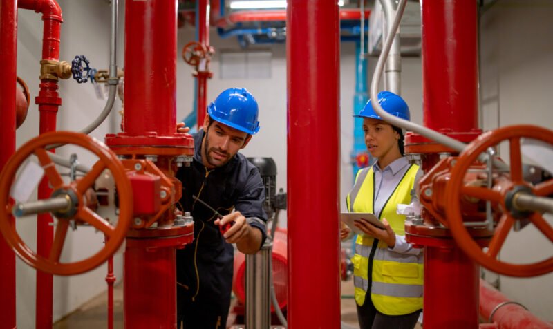 two-engineer-or-technician-worker-discuss-about-re-2025-03-09-15-03-43-utc Two engineer or technician worker discuss about red pipe system in the construction site to maintenence and fix the problem together.